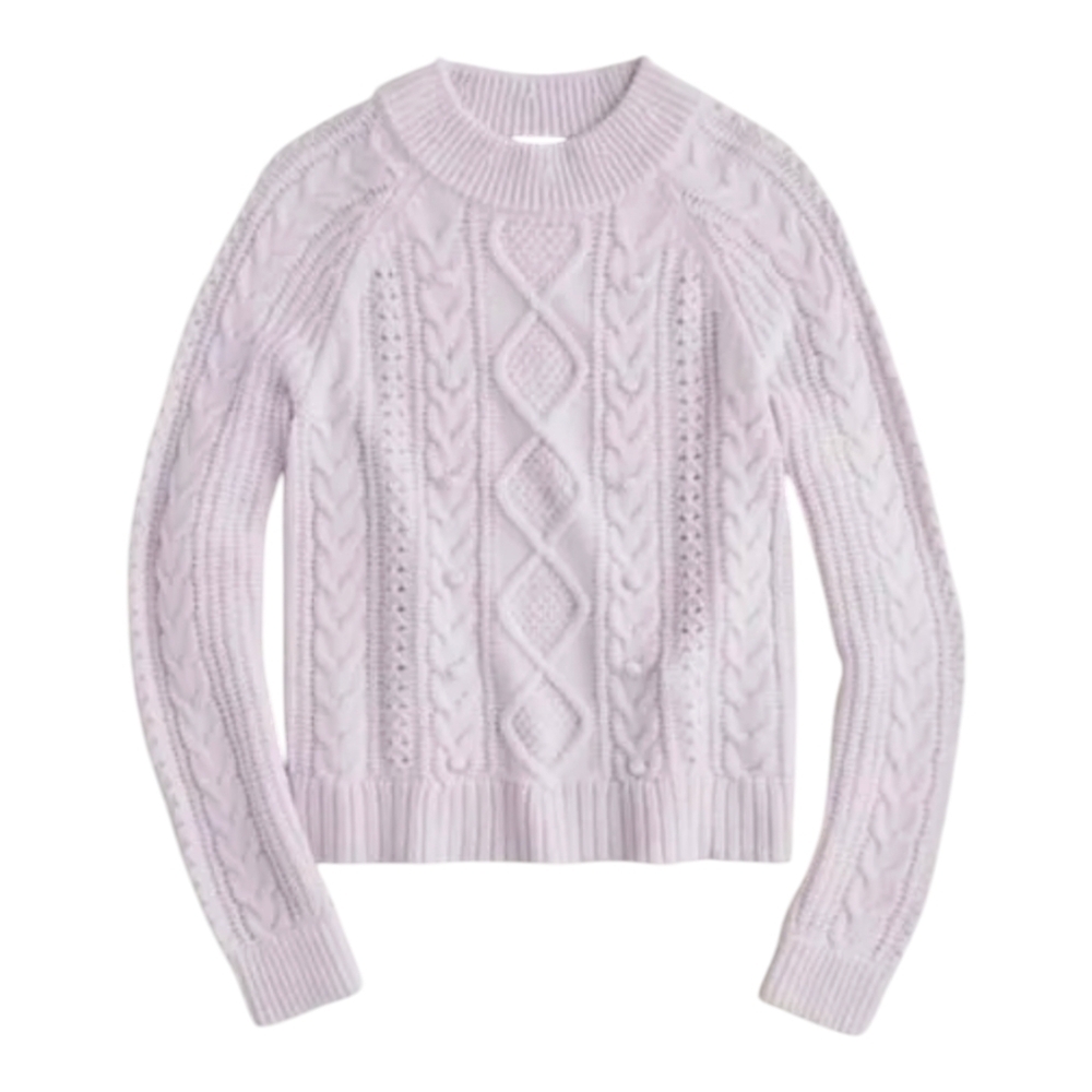 J. Crew Cable Knit Pom Pom Women's Lilac Azra Knit Lambswool Fisherman Sweater L - Picture 4 of 12